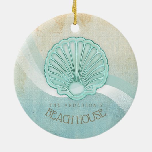 Beach House Clam Shell Aqua Blue ID623 Keramisch Ornament (Achterkant)