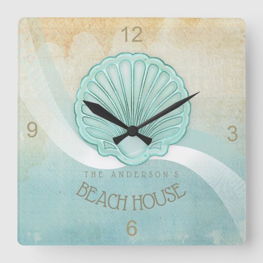 Beach House Clam Shell Aqua Blue ID623 Vierkante Klok (Voorkant)