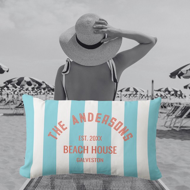 Beach House Custom Naam Blue Cabana Stripe Buitenkussen (Creator heeft geüpload)