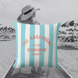 Beach House Custom Naam Blue Cabana Stripe Buitenkussen
