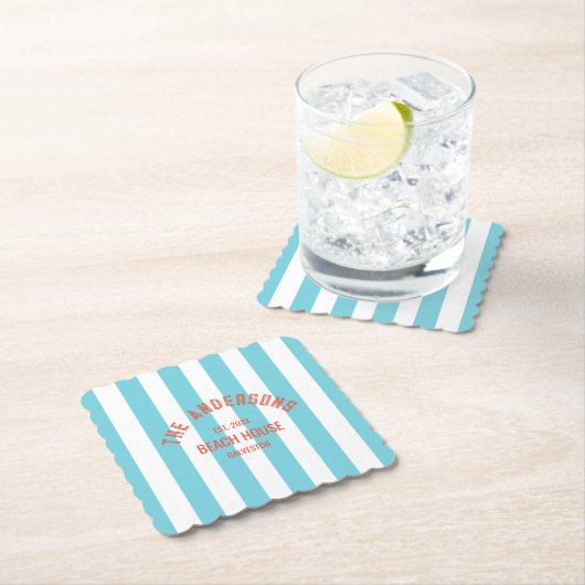 Beach House Custom Naam Blue Cabana Stripe Kartonnen Onderzetters (Insitu)