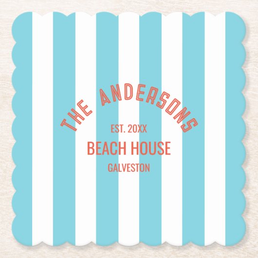 Beach House Custom Naam Blue Cabana Stripe Kartonnen Onderzetters (Voorkant)