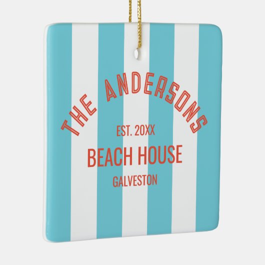 Beach House Custom Naam Blue Cabana Stripe Keramisch Ornament (Rechts)