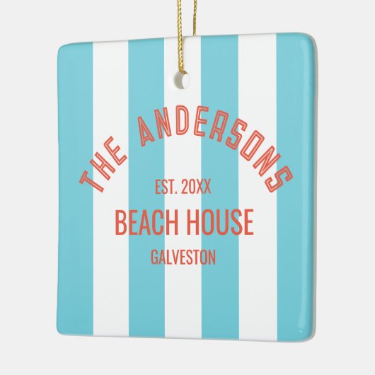 Beach House Custom Naam Blue Cabana Stripe Keramisch Ornament (Links)