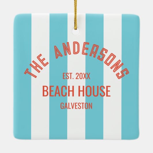 Beach House Custom Naam Blue Cabana Stripe Keramisch Ornament (Achterkant)