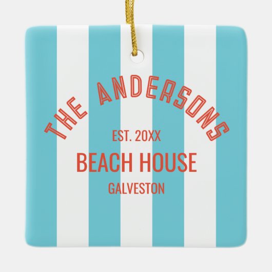 Beach House Custom Naam Blue Cabana Stripe Keramisch Ornament (Voorkant)