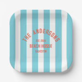 Beach House Custom Naam Blue Cabana Stripe Papieren Bordje (Voorkant)