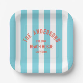 Beach House Custom Naam Blue Cabana Stripe Papieren Bordje