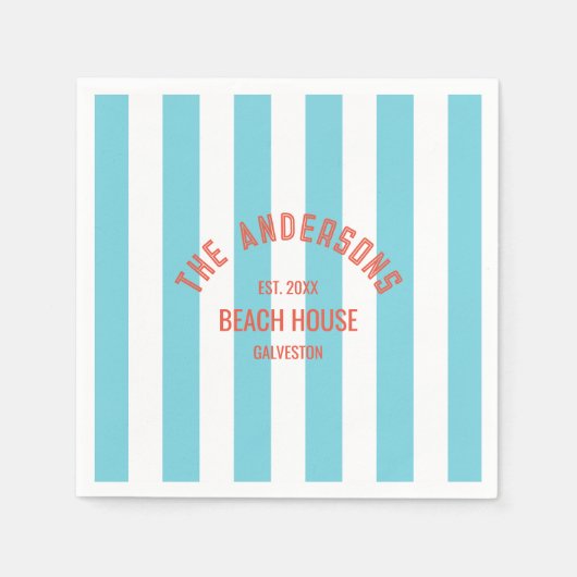 Beach House Custom Naam Blue Cabana Stripe Servet (Voorkant)