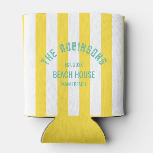 Beach House Custom Naam Geel Cabana Stripe Blikjeskoeler (Achterkant)