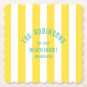 Beach House Custom Naam Geel Cabana Stripe Kartonnen Onderzetters (Voorkant)