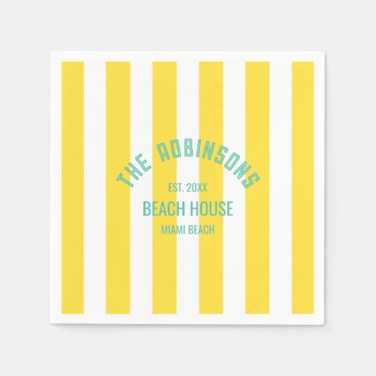 Beach House Custom Naam Geel Cabana Stripe Servet (Voorkant)
