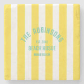 Beach House Custom Naam Geel Cabana Stripe Stenen Onderzetter (Voorkant)
