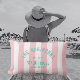 Beach House Custom Naam Pink Cabana Stripe Buitenkussen