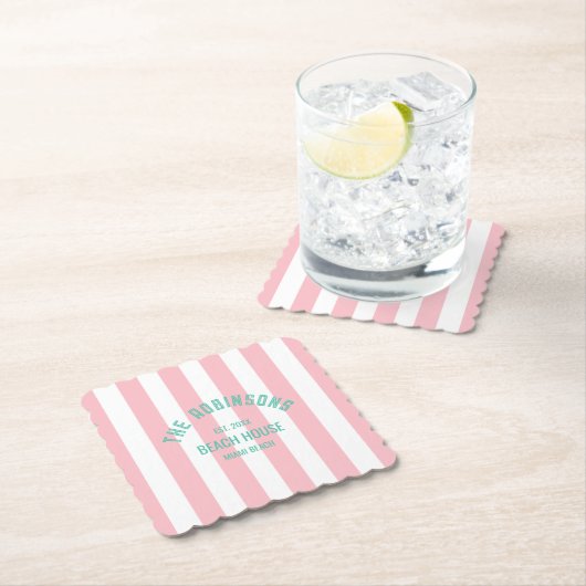Beach House Custom Naam Pink Cabana Stripe Kartonnen Onderzetters (Insitu)