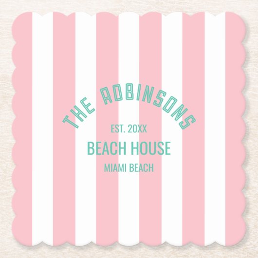 Beach House Custom Naam Pink Cabana Stripe Kartonnen Onderzetters (Voorkant)