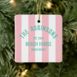 Beach House Custom Naam Pink Cabana Stripe Keramisch Ornament<br><div class="desc">Vier het vakantieseizoen met een vleugje kustcharme via ons Beach House Custom Name Pink Cabana Stripe Keramisch Kerstornament. Dit prachtig ontworpen ornament combineert de warmte van het leven aan het strand met feestelijke vrolijkheid, waardoor het de perfecte aandenken is voor uw strandhuis of een attent gepersonaliseerd geschenk voor geliefden. Pas...</div>