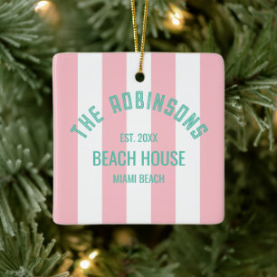 Beach House Custom Naam Pink Cabana Stripe Keramisch Ornament