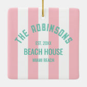 Beach House Custom Naam Pink Cabana Stripe Keramisch Ornament (Achterkant)