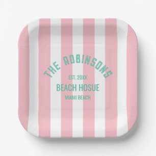 Beach House Custom Naam Pink Cabana Stripe Papieren Bordje