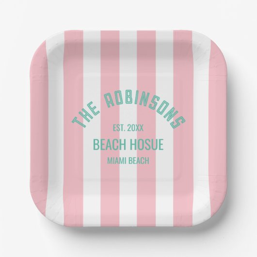 Beach House Custom Naam Pink Cabana Stripe Papieren Bordje (Voorkant)
