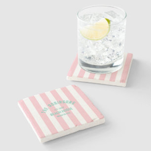 Beach House Custom Naam Pink Cabana Stripe Stenen Onderzetter