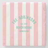 Beach House Custom Naam Pink Cabana Stripe Stenen Onderzetter (Voorkant)