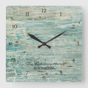 Beach House Driftwood Blauwgroen Blue Coastal Seas Vierkante Klok