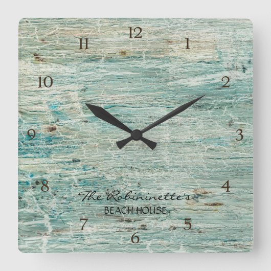 Beach House Driftwood Blauwgroen Blue Coastal Seas Vierkante Klok (Voorkant)