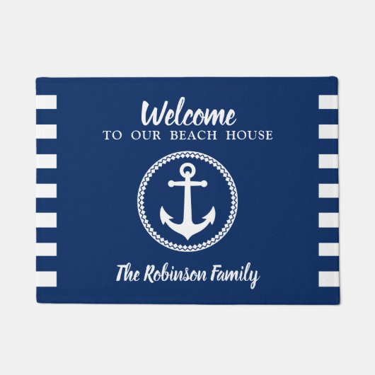 Beach House en familienaam met anker marine blauw Deurmat (Voorkant)