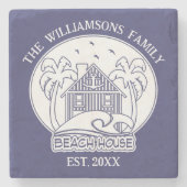 Beach House familienaam anker nautisch blauw wit Stenen Onderzetter (Voorkant)