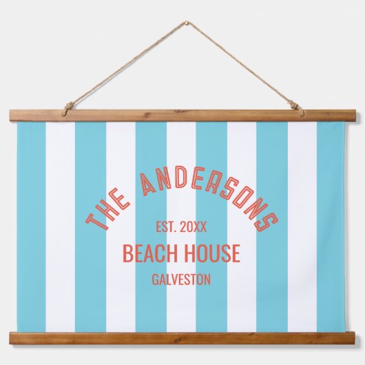 Beach House Familienaam Blue Cabana Stripe Hangend Wandkleed (Voorkant)