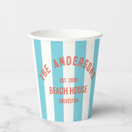 Beach House Familienaam Blue Cabana Stripe Napki Papieren Bekers