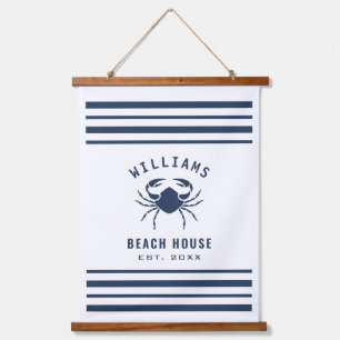Beach House Familienaam Crab Navy Blue en White Hangend Wandkleed