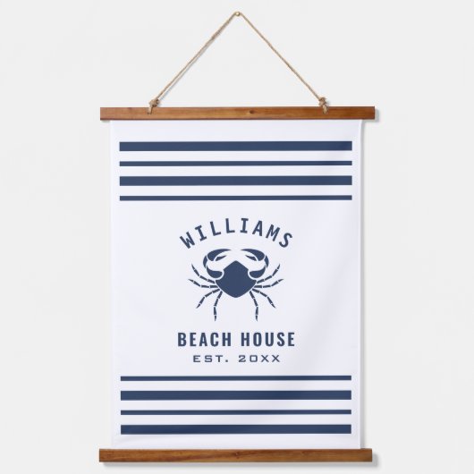 Beach House Familienaam Crab Navy Blue en White Hangend Wandkleed (Voorkant)