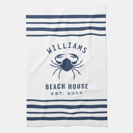 Beach House Familienaam Crab Navy Blue en White Theedoek (Verticaal)