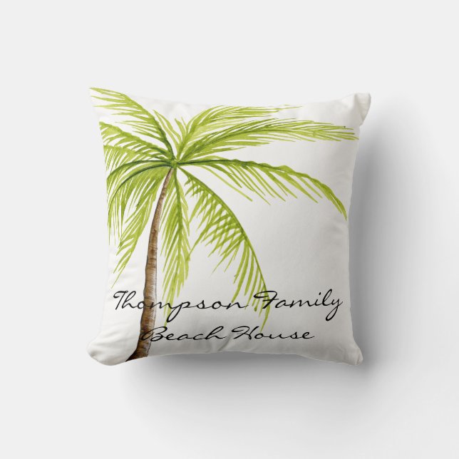 Beach House Familienaam Palm Tree White Green Kussen (Voorkant)