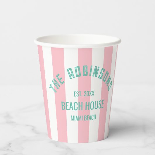 Beach House Familienaam Pink Cabana Stripe Napki Papieren Bekers (Achterkant)