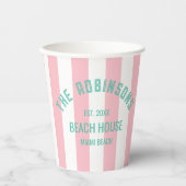 Beach House Familienaam Pink Cabana Stripe Napki Papieren Bekers (Voorkant)