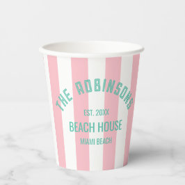 Beach House Familienaam Pink Cabana Stripe Napki Papieren Bekers