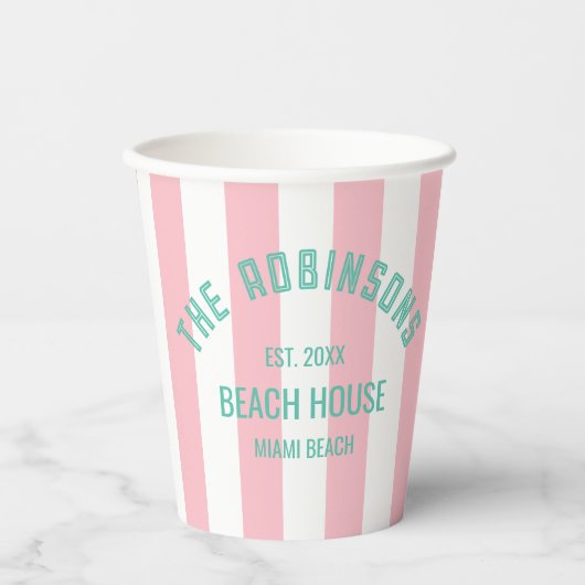 Beach House Familienaam Pink Cabana Stripe Napki Papieren Bekers (Voorkant)