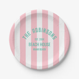 Beach House Familienaam Pink Cabana Stripe Papieren Bordje