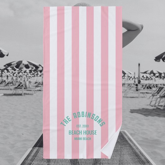 Beach House Familienaam Pink Cabana Stripe Strandlaken