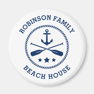 Beach House & Family Name Anchor Oars Stars Round Magneet