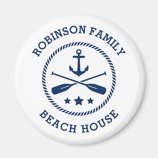 Beach House & Family Name Anchor Oars Stars Round Magneet (Voorkant)