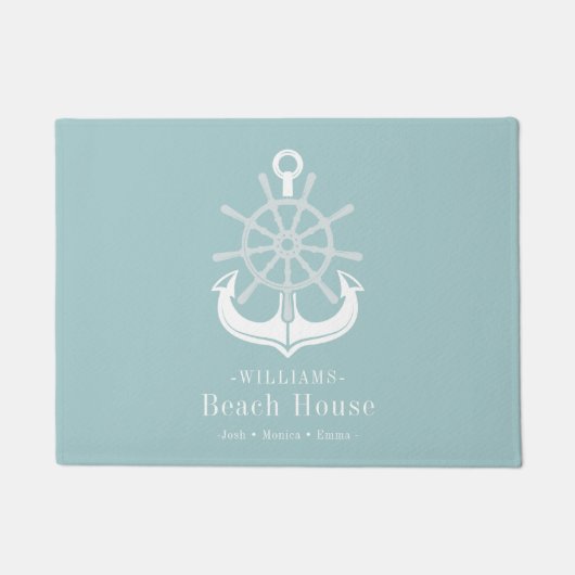 Beach House Family Name Blauwgroen Anchor Deurmat (Voorkant)