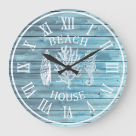 Beach House Light Blue Wood Coral Seahorse Large Grote Klok