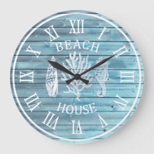 Beach House Light Blue Wood Coral Seahorse Large Grote Klok