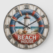 Beach House Lighthouse Rustic Nautical Coastal Grote Klok (Voorkant)