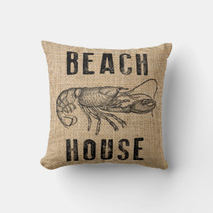 Beach House Lobster Rustic Summer Burlap Pillow Kussen
